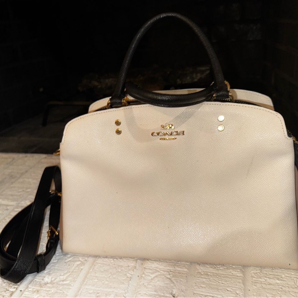 Coach Cream and Black Satchel with Gold Hardware & Adjustable Strap
